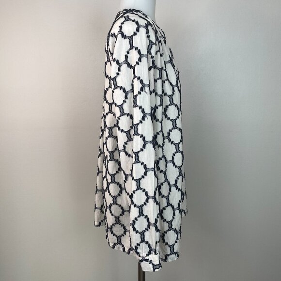 LOFT Top XS Ivory Navy Blue Textured Lightweight Cotton Popover Blouse Women's - Picture 7 of 13